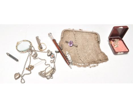 A mixed group of silver jewellery and other silver and silver plate items to include a silverplate ladies purse, repousse dec