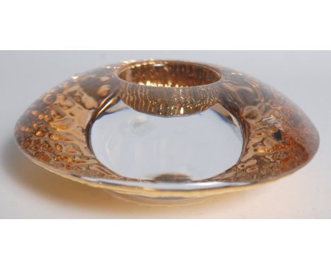 A vintage retro 20th Century boxed Orrefors candle holder of squat form with under gilt decoration. Sticker present for Orref