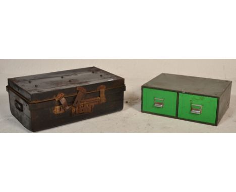 A mid century Industrial factory two tone colourway metal index filing drawer together with a tin / metal steamer trunk cabin