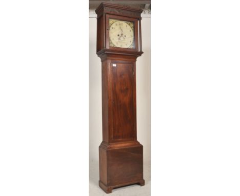 A 19th century mahogany painted face longcase grandfather clock with 8 day movement striking on a bell. The painted face with