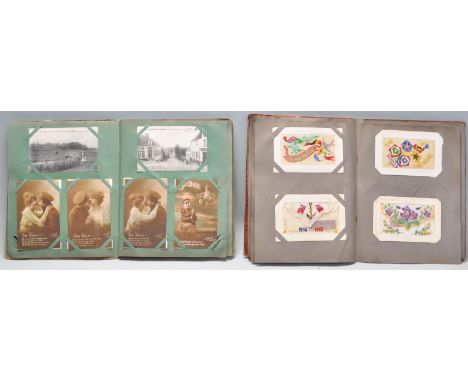 A great collection of early 20th Century&nbsp;original WWI First World War era silk postcards spanning two albums. Together w
