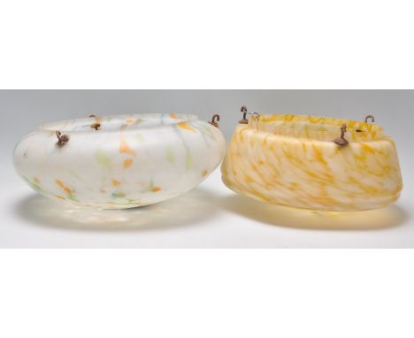 Two vintage 20th Century 1930's Art Deco&nbsp;marbled glass flycatcher ceiling light shades. One&nbsp;white marbled shade wit