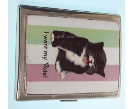 A silver hallmarked 1930's cigarette case having engine turned decoration with an enamelled suffragette panel to the front de