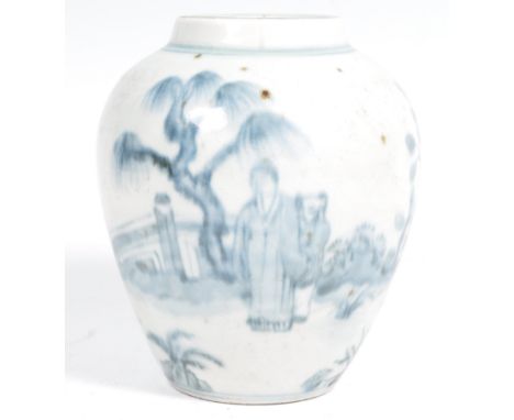 An 18th Century Chinese antique provincial blue and white ginger jar having hand painted decoration depicting figures, trees 