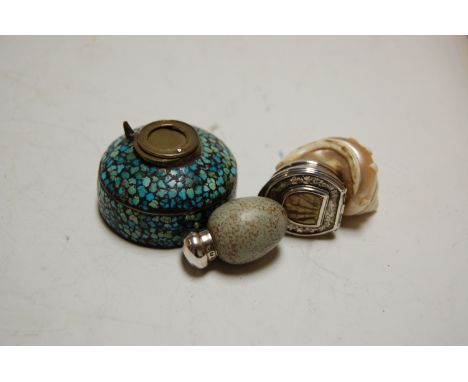 A Victorian porcelain miniature scent bottle, of egg shape, with silver screw cap; together with a mother of pearl and white 
