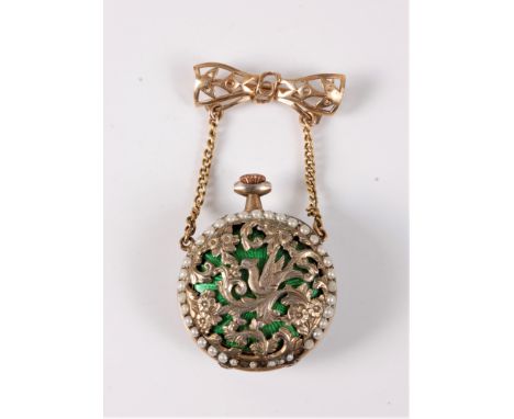 A lady's enamel fob watch, the green engine turned enamel dial with gilt Arabic numerals, with faux seed pearl surround, the 