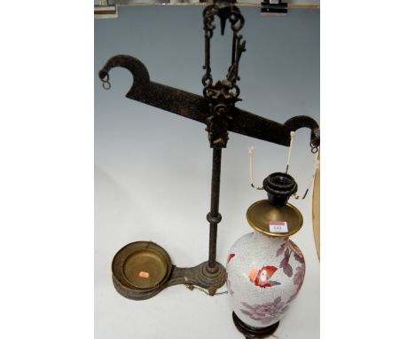 A modern cloisonne enamel table lamp together with Victorian cast iron beam scale (2)