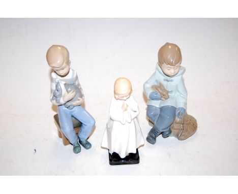 A Royal Doulton figure of Bedtime, HN1978; together with two Nao porcelain figures (3)