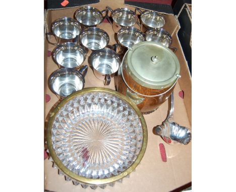 A box of miscellaneous items, to include 1920s oak biscuit barrel with silver plated mounts, a silver plated ladle etc