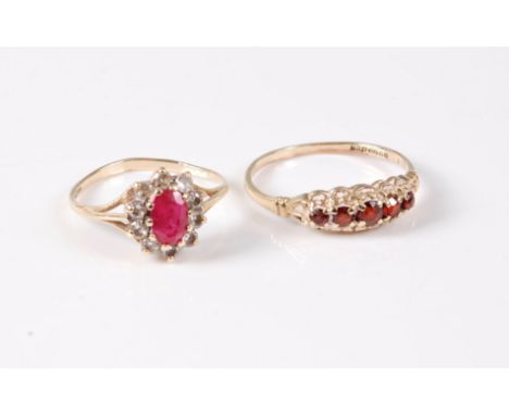A 9ct synthetic ruby and CZ cluster ring, size L-M, together with a 9ct five stone garnet ring, size O-P, (2.8g gross), (2)