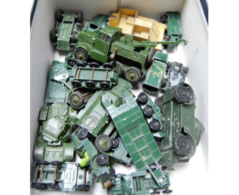 A box of assorted loose and playworn diecast toy military vehicles to include Lonestar armoured car, Dinky Supertoys Discover