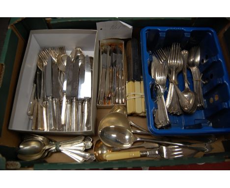 A single box of various plated flatware to include large stuffing spoon, ladle, etc