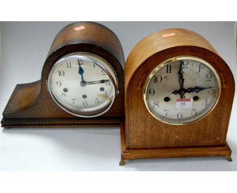 An Edwardian mahogany chequer strung and satinwood inlaid dome shaped mantel clock, having silvered dial with Arabic numerals