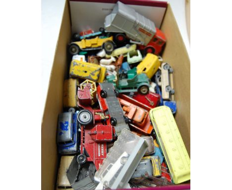A box of assorted loose and playworn diecast toy vehicles to include Matchbox Lesney fire pumper truck, Lesney BP auto tanker