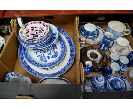 Two boxes of miscellaneous items, to include circa 1900 aneroid barometer, Chinese blue and white miniature bottle vase, Eliz