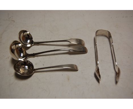 A pair of Victorian Scottish silver sugar tongs; together with a Victorian Glasgow silver ladle; one other small silver ladle