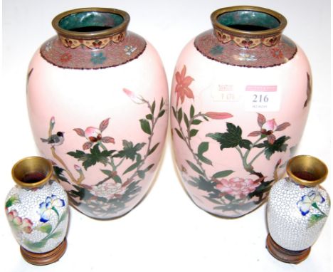 A pair of Japanese cloisonné enamel vases (one drilled to base), h.22cm; together with a pair of reproduction miniature examp