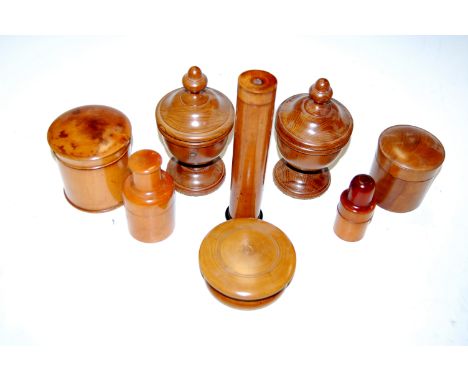 Assorted treen, to include turned yew pedestal cups and covers, boxwood string box etc