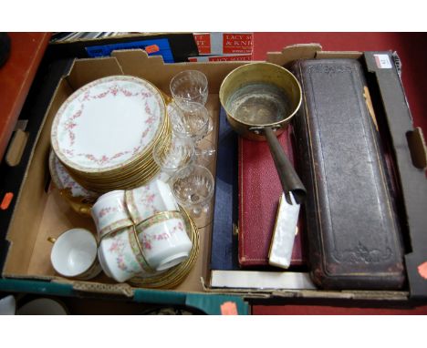 A box of miscellaneous items, to include Limoges part tea service, cased Victorian silver plated fish servers etc