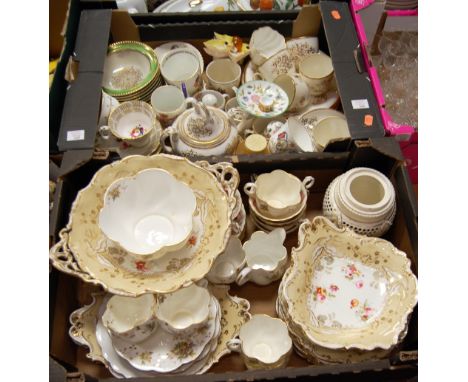 Two boxes of Victorian and later hand painted and transfer printed china tea wares, Royal Worcester leaf shaped pin dishes, c