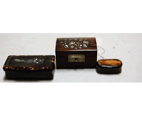 A Victorian horn, tortoiseshell, white metal and mother of pearl inlaid snuff-box, of rectangular form; together with one oth