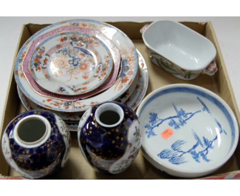 An 18th century Chinese export tin glazed bowl, decorated in cobalt blue, iron red, and heightened in gilt, dia. 24cm; togeth