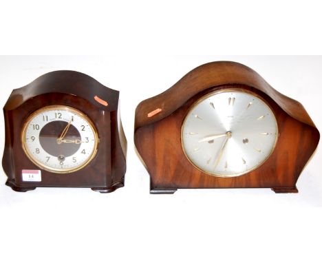 A 1950s bakelite cased Smiths Enfield mantel clock having a silvered chapter ring with Arabic numerals together with one othe