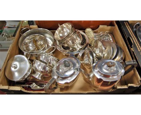 A box of miscellaneous silver plated wares, to include three-piece tea service, toast-rack, berry spoons etc