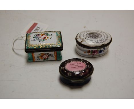 A 19th century Bilston enamel patch-box, of oval form, the hinged cover printed 'A present from Storkford', having floral dec