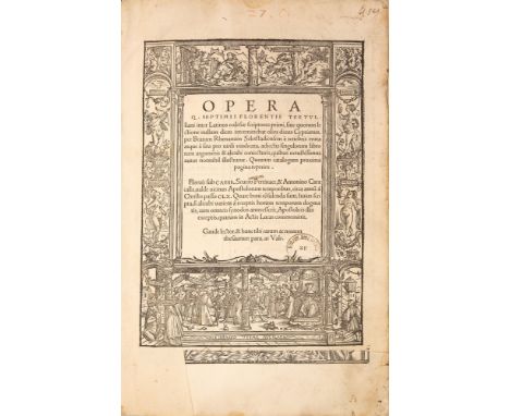 Tertullian (Quintus Septimius Florens Tertullianus): Opera. Basel: J. Froben 1521. 32,2 x 21,2 cm. Mit 3 illustr. Holzschnitt
