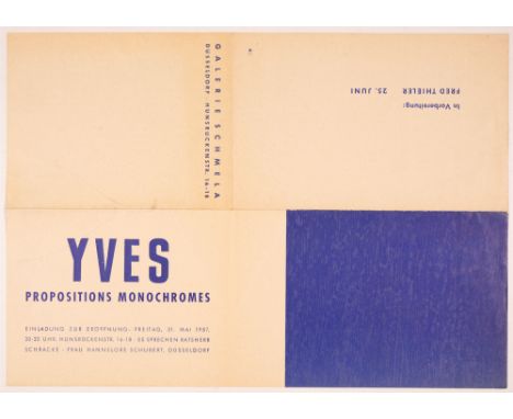 YVES KLEINMonochrome und Feuer. 14. Januar - 26. Februar 1961. 32 x 24 cm. Mit 2 Farbserigraphien in Blau und Rosa und 1 Blat