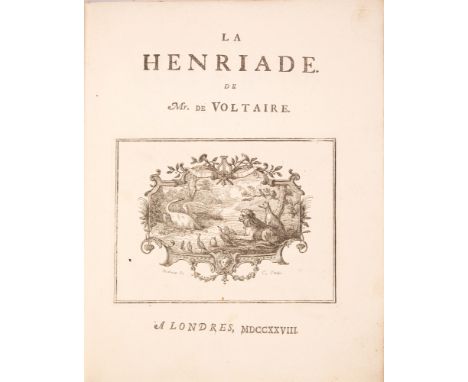 Voltaire, Francois-Marie Arouet de: La Henriade. London: o. Dr. 1728. 28,6 x 22,5 cm. Mit 1 gest. Front., 1 gest. Titelvign.,