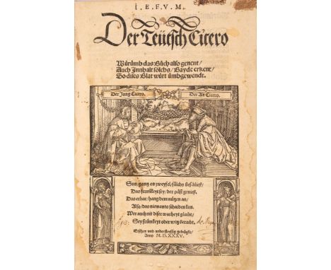 Sammelband mit 2 bei Steiner gedruckten Cicero-Werken. Augsburg: H. Steiner 1535. 28,5 x 19,5 cm. Späteres blindgepr. Schwein
