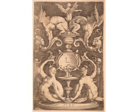 LUCAS VAN LEYDENOrnamenttafel mit zwei Sirenen 1528Kupferstich auf Bütten. Blattgröße ca. 11,8 x 7,5 cm. New Hollstein 164. M