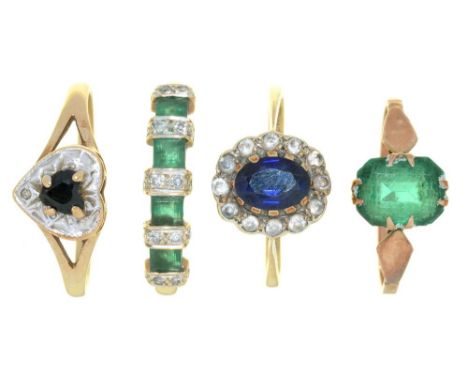 A GREEN TOURMALINE RING IN GOLD MARKED 9CT GOLD AND THREE OTHER GEM SET GOLD RINGS, SIZES N - R, 6.5G++WEAR CONSISTENT WITH A