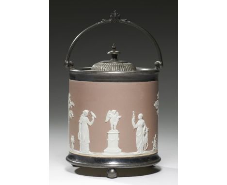 A WEDGWOOD BAS RELIEF WARE BISCUIT BARREL, C1890, ornamented with Diana and other classical figures on an unusual mushroom co