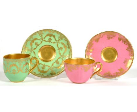 TWO ROYAL DOULTON DEMI TASSE COFFEE CUPS AND SAUCERS WITH ROSE POMPADOUR OR GREEN GROUND AND GILT, SAUCERS 9.5CM D, PRINTED M