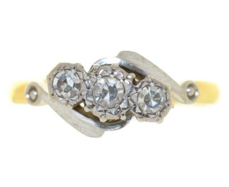 A THREE STONE DIAMOND RING, THE SINGLE CUT DIAMONDS IN GOLD MARKED 18CT &amp; PLAT, SIZE P, 2.5G++LIGHT WEAR CONSISTENT WITH 