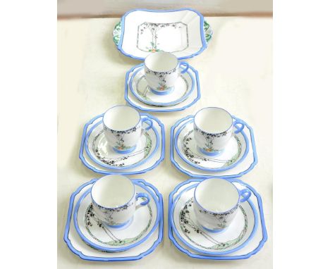 A SHELLEY LOMOND SHAPE TEA SERVICE WITH BLUE BORDER, TWO HANDLED PLATE 24CM L, PRINTED MARK, C1928