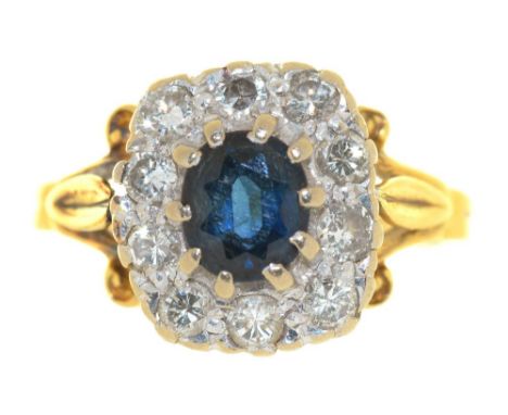 A SAPPHIRE AND DIAMOND RING, IN GOLD, UNMARKED, SIZE N, 4G++LIGHT WEAR CONSISTENT WITH AGE 