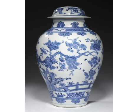A CHINESE BLUE AND WHITE JAR AND COVER, QING DYNASTY, 19TH C, painted with landscape and fence, 33cm h, Kangxi mark within co