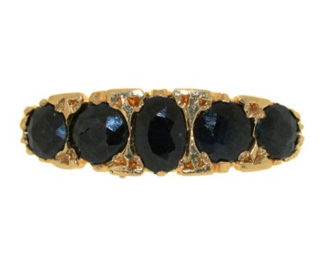 A FIVE STONE SAPPHIRE RING, THE OVAL SAPPHIRES APPROX 2CT, IN 9CT GOLD, BIRMINGHAM 1994, SIZE M, 4.5G++LIGHT WEAR CONSISTENT 