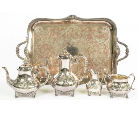 A VICTORIAN ELECTROPLATED TEA AND COFFEE SERVICE AND A PLATED TRAY, COFFEE POT 24 CM H, TRAY 59 CM W