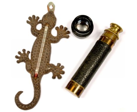 A CAST IRON REPTILE NOVELTY WALL HANGING THERMOMETER, 22CM H, C1900, A PULLIN ENLARGING LENS AND A VICTORIAN LACQUERED BRASS 