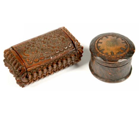 A CARVED COQUILLA NUT SNUFF BOX, 6CM L, MID 19TH C AND A SMALLER TREEN CYLINDRICAL BOX AND COVER 