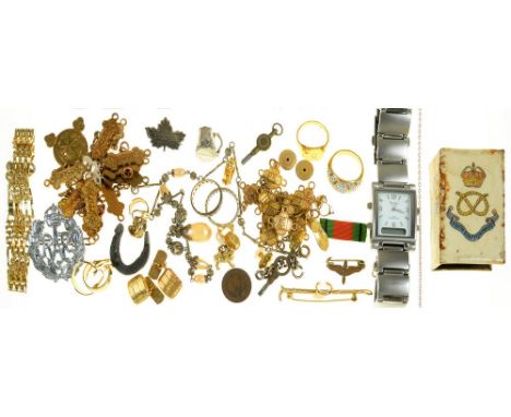 A 9CT GOLD AND SILVER RING, A ST JOHNS AMBULANCE ASSOCIATON BRASS MEDAL AND TWELVE BARS, 1942 - 1953, A PHILIP PERSIO STAINLE