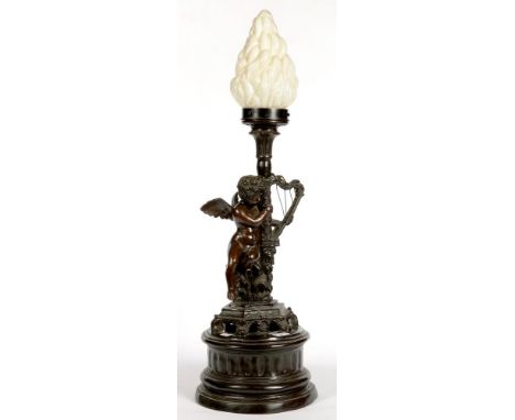 A BRONZED METAL FIGURAL TABLE LAMP, 89CM H