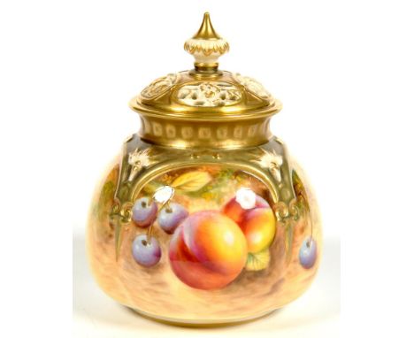 A ROYAL WORCESTER POT POURRI VASE AND COVER, THE VASE PAINTED WITH RIPENING PEACHES AND CHERRIES ON A WOODLAND BANK, SIGNED I