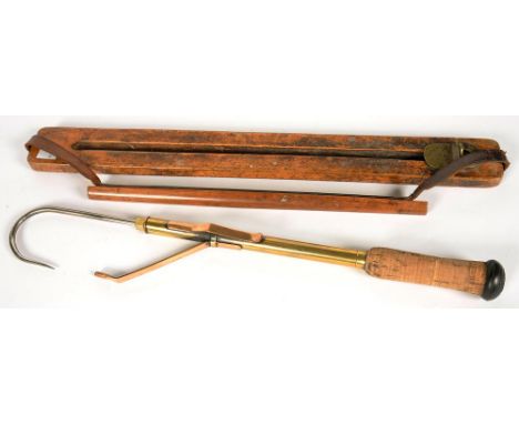 ANGLING. A CORK HANDLED BRASS TELESCOPIC FISHERMAN'S GAFF AND A MAHOGANY GAME SLIDE BY JAMES DIXON AND SONS SHEFFIELD, 52CM W