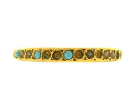 A VICTORIAN TURQUOISE AND PEARL RING, IN 22CT GOLD, 2G, SIZE L½ AND AN  ETRUSCAN REVIVAL CORAL DEMI PARURE, COMPRISING BROOCH